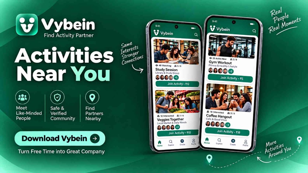 Vybein app showing activities near you and activity partners on your phone